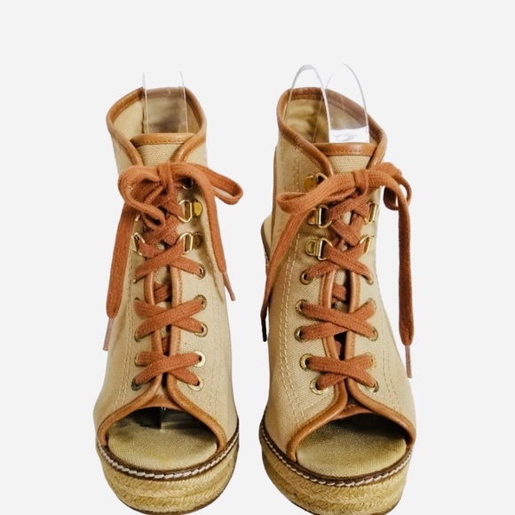 Tory Burch Wedge Heel Espadrille Tan Canvas Brown Leather Trim Lace Up Size 8.5 - Picture 7 of 8